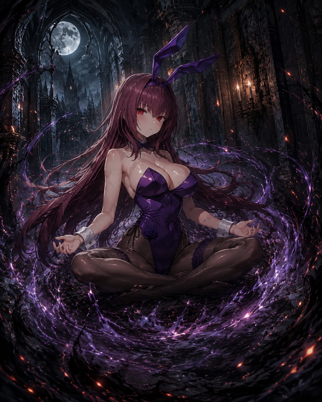 Meditating silently amidst a swirling vortex of mana In a moonlit castle hallway filled with floating embers (gritty gothic illustration, muted colors)