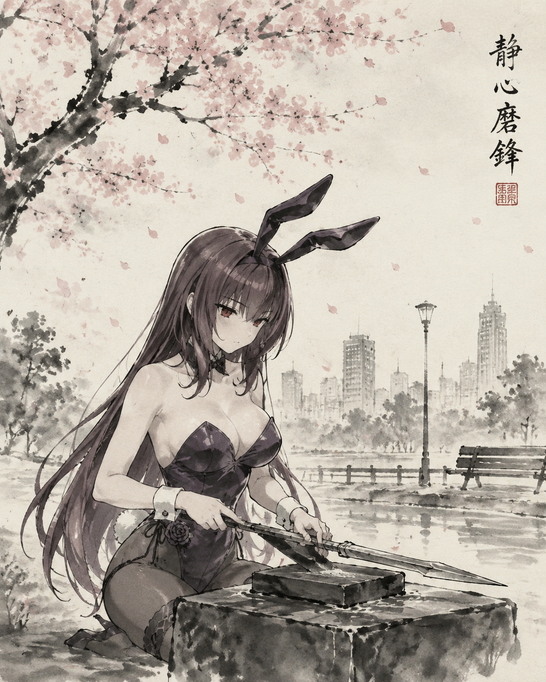 Sharpening a spearhead with methodical precision In a modern city park under falling cherry blossoms (traditional Japanese ink wash painting, minimalist)