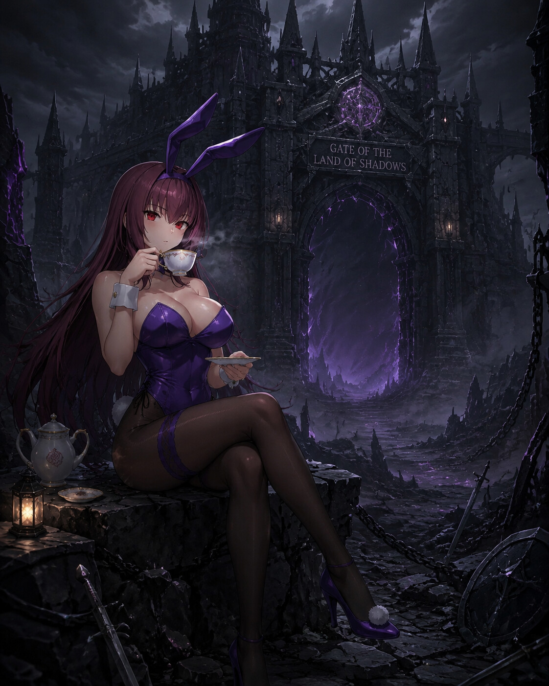 Sipping hot tea in a rare moment of peace at the desolate Gate of the Land of Shadows (dark fantasy concept art)
