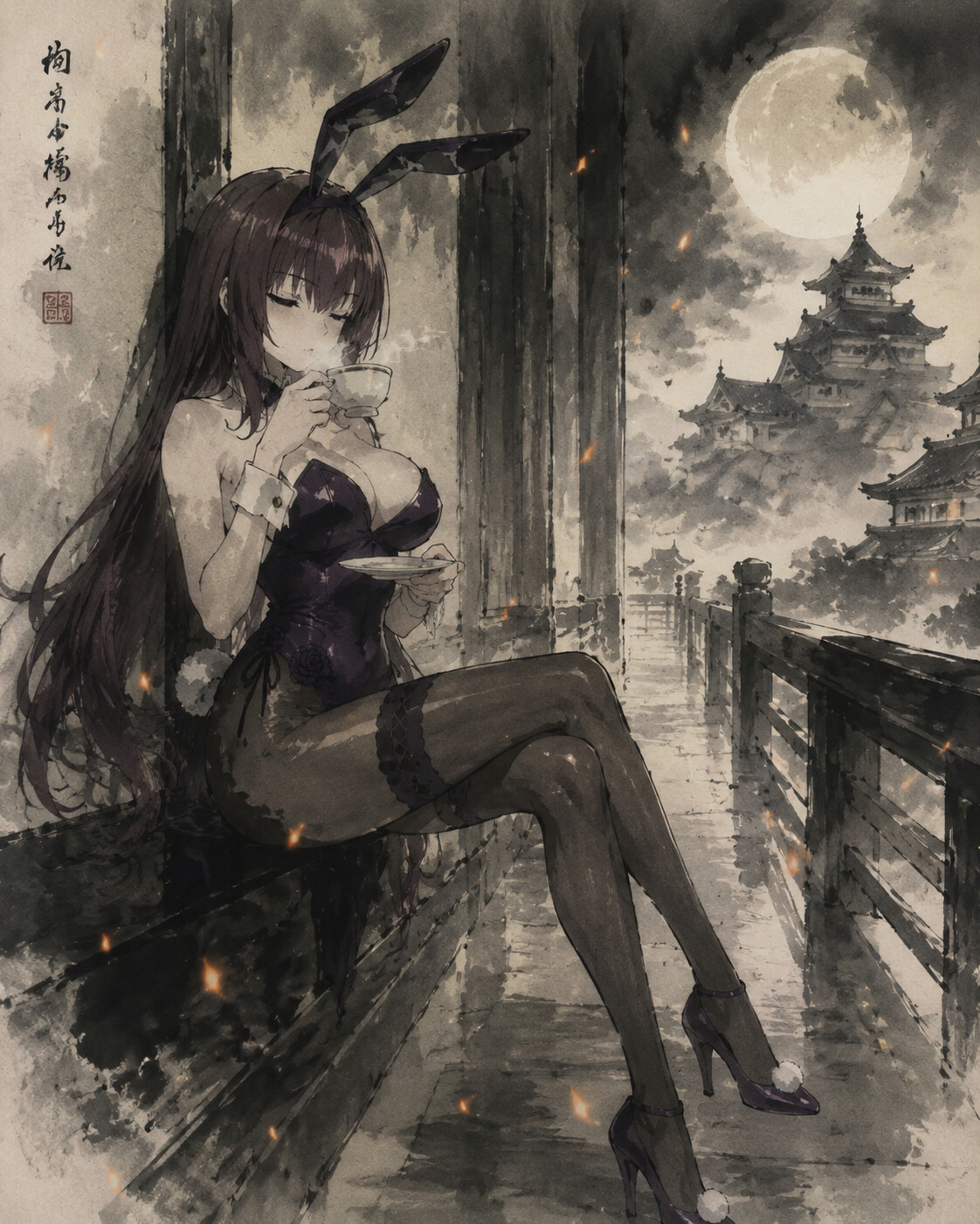 Sipping hot tea in a rare moment of peace in a moonlit castle hallway filled with floating embers (traditional Japanese ink wash painting)