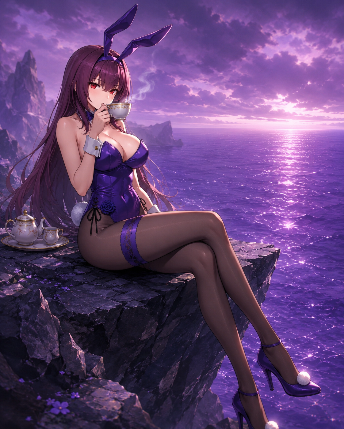 Sipping hot tea in a rare moment of peace On a jagged cliffside overlooking an endless purple sea (ethereal digital painting, soft glowing highlights)
