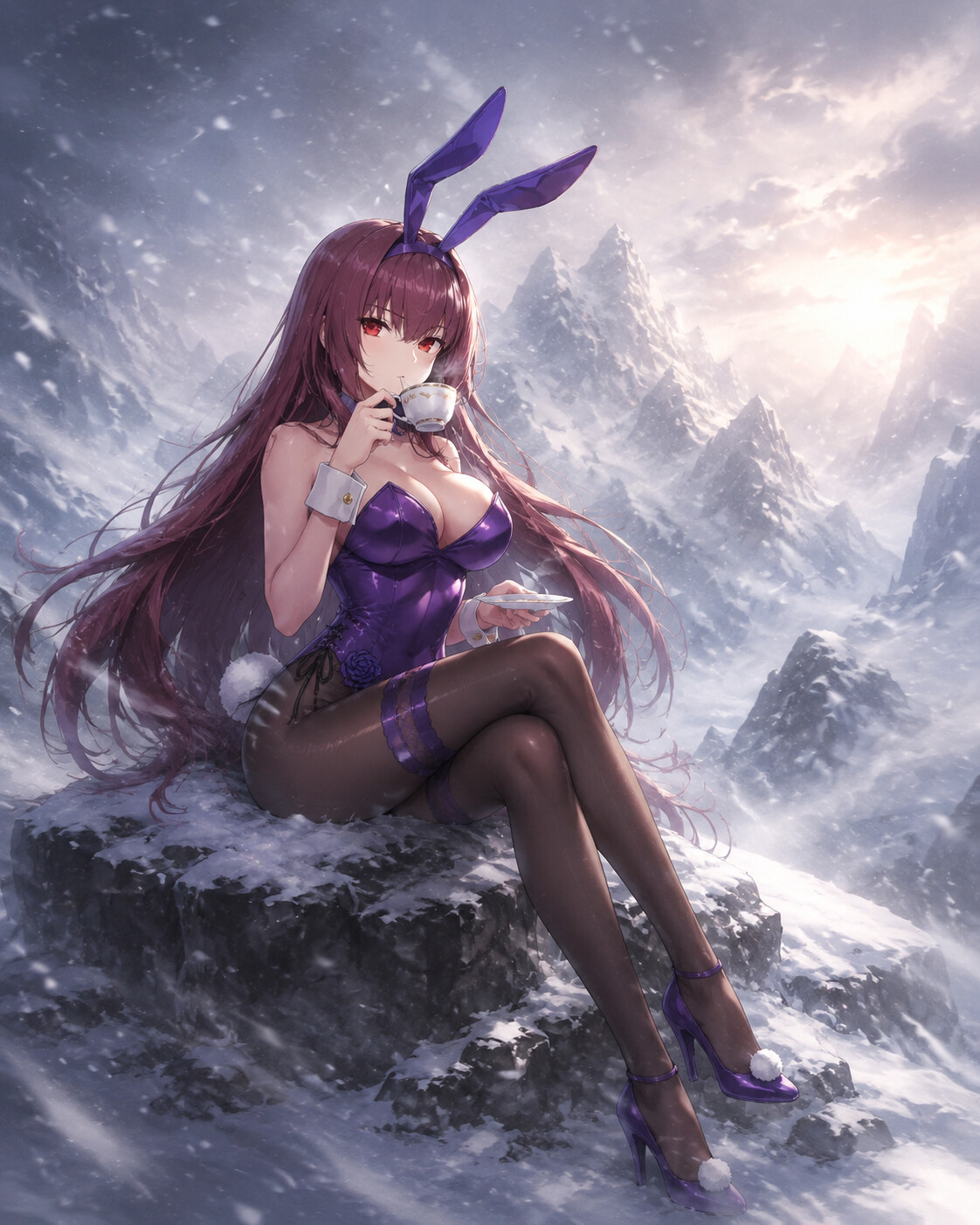 Sipping hot tea in a rare moment of peace on a snowy mountain peak during a blizzard (ethereal digital painting)