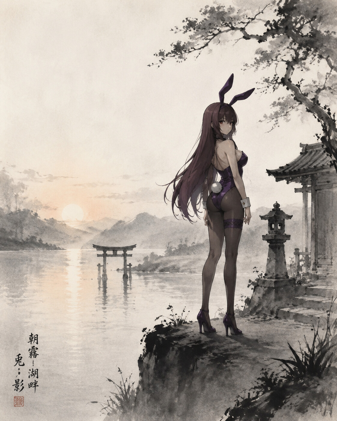 Standing guard at the edge of the world at a quiet lakeside shrine at dawn (traditional Japanese ink wash painting)