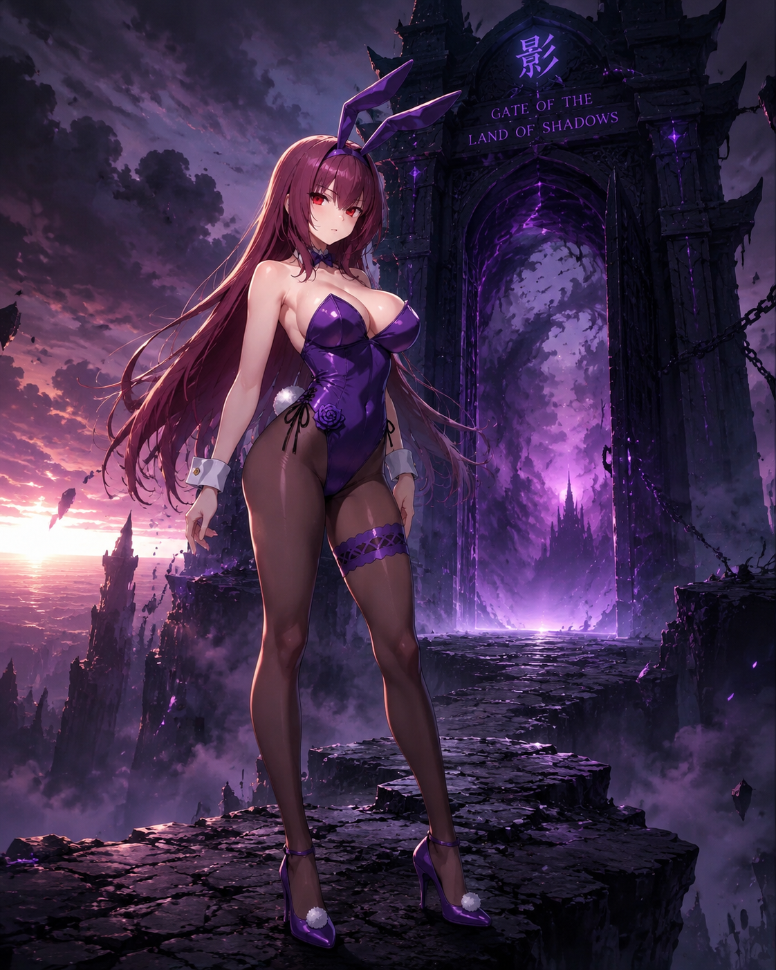 Standing guard at the edge of the world At the desolate Gate of the Land of Shadows (vibrant anime style, cinematic lighting)