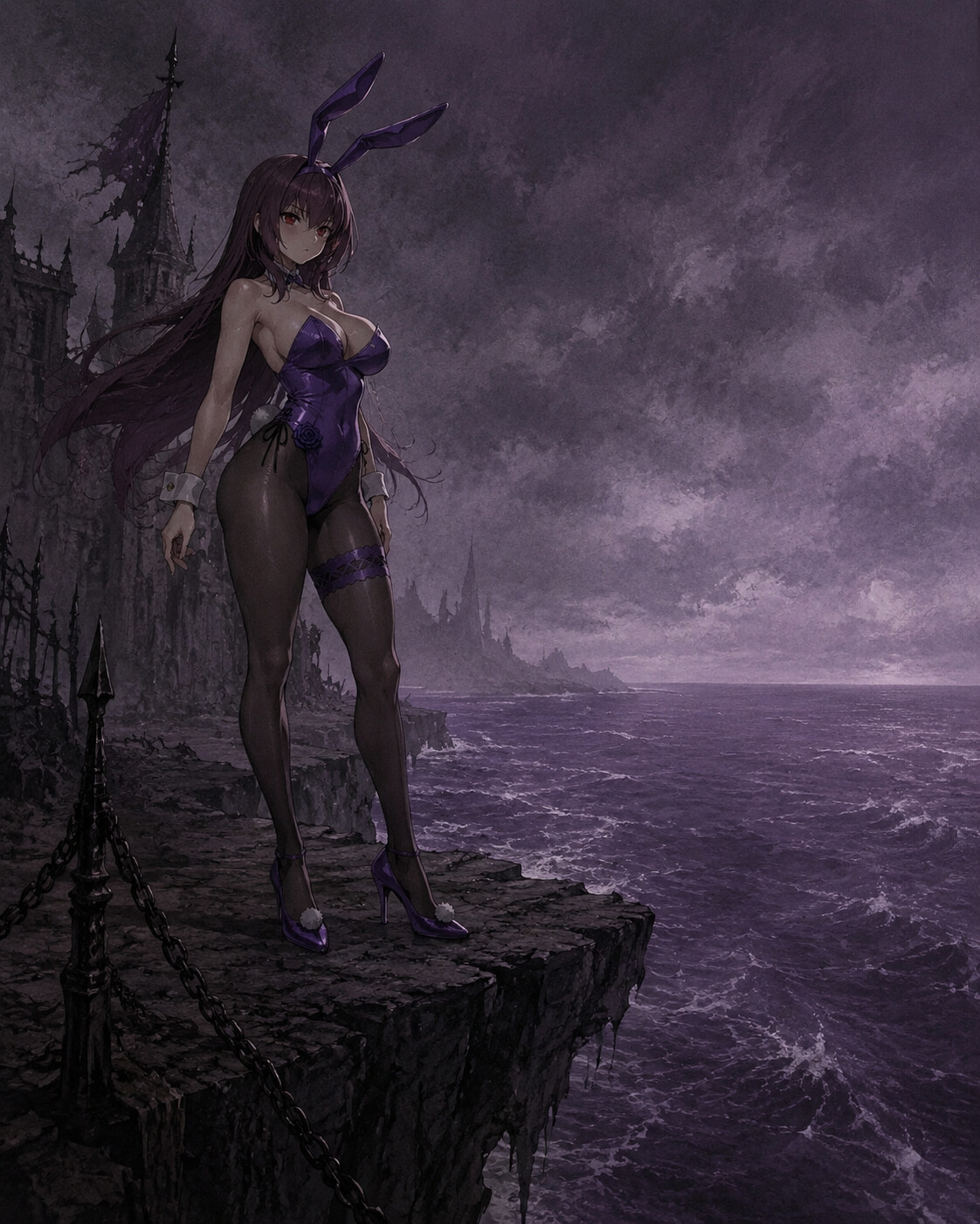 Standing guard at the edge of the world on a jagged cliffside overlooking an endless purple sea (gritty gothic illustration)