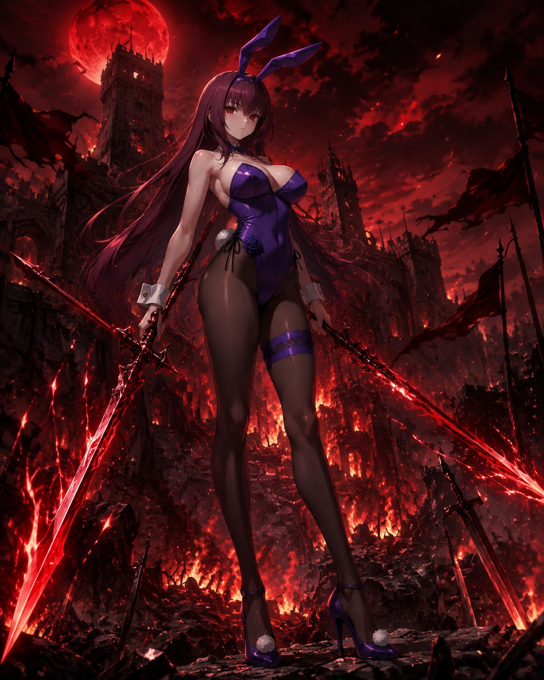 Wielding her dual crimson spears with deadly grace At a burning fortress ruins under a blood-red sky (dark fantasy concept art, high contrast)