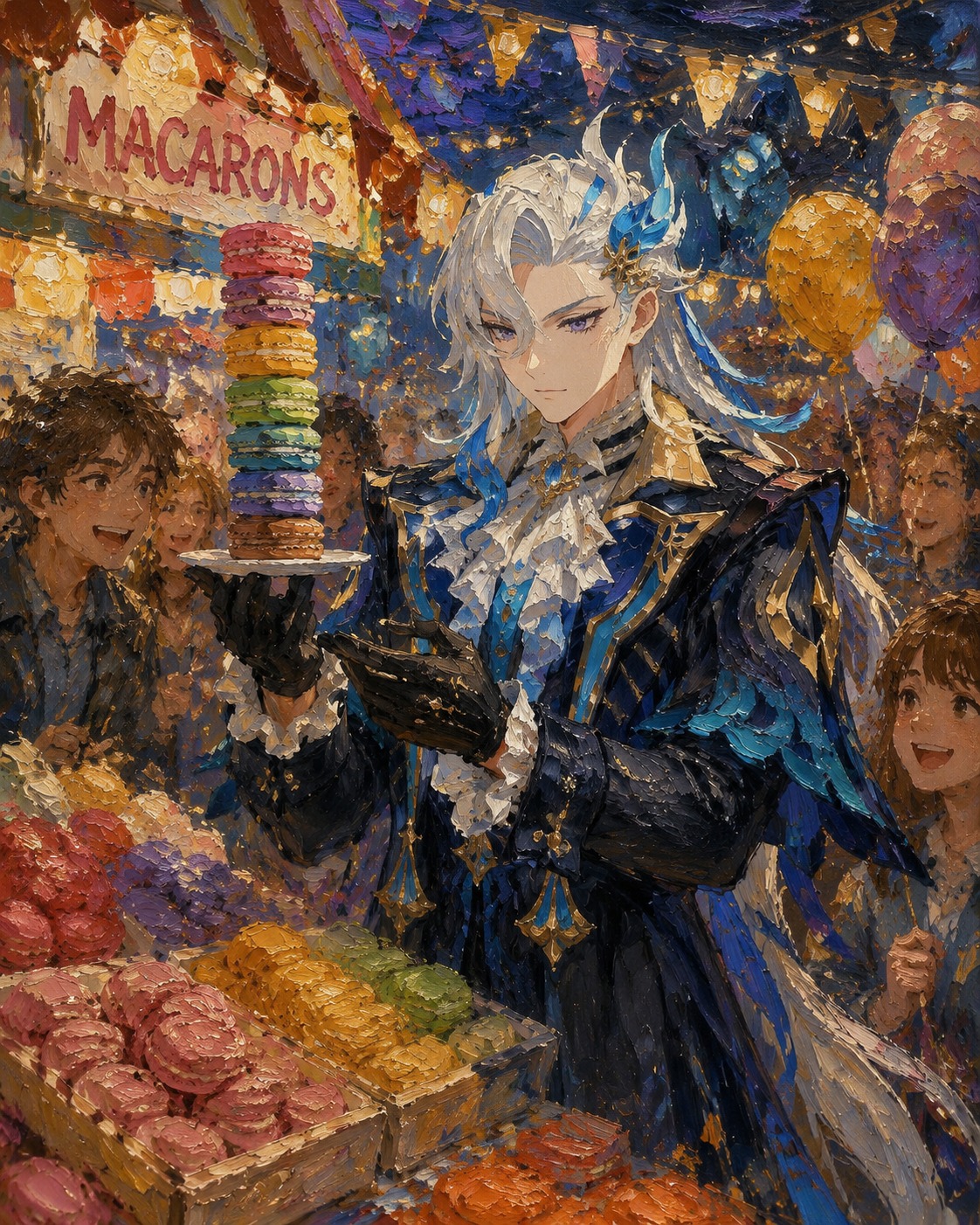 Balancing a stack of colorful macaroons At a crowded carnival booth (oil painting, thick impasto brushstrokes)