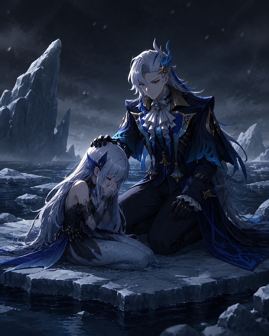 Comforting a weeping melusine with a gentle pat On a floating ice floe in the frozen north (cinematic noir, dramatic shadows)