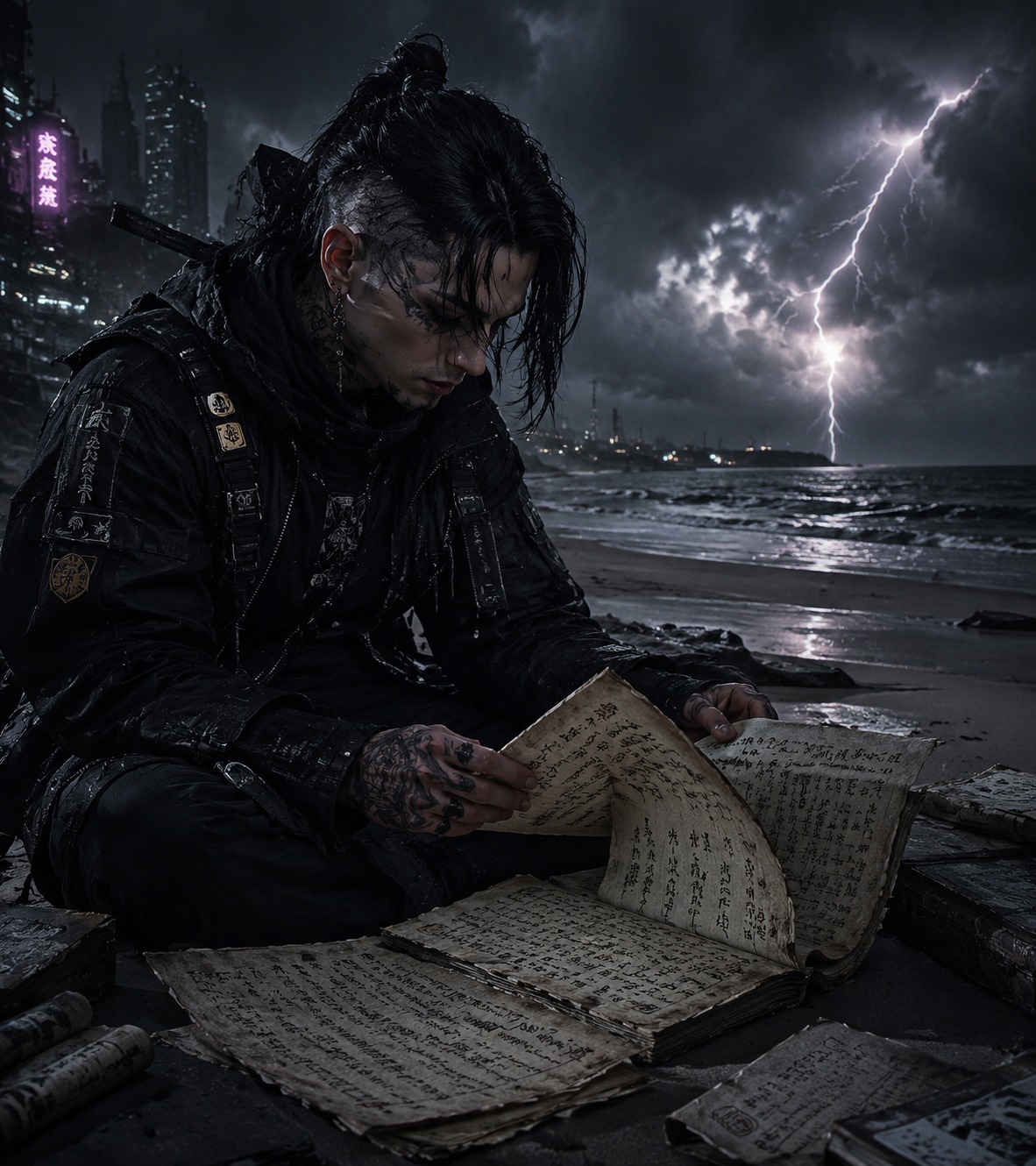 Leafing through ancient legal documents On a quiet beach during a thunderstorm (cyberpunk techwear, gritty urban atmosphere)