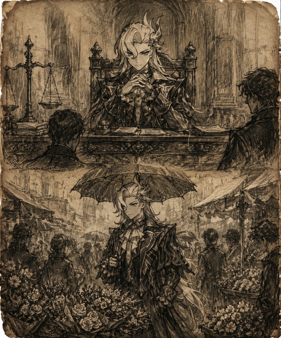Presiding over a high-stakes court trial At a busy flower market in the rain (charcoal sketch on aged parchment)