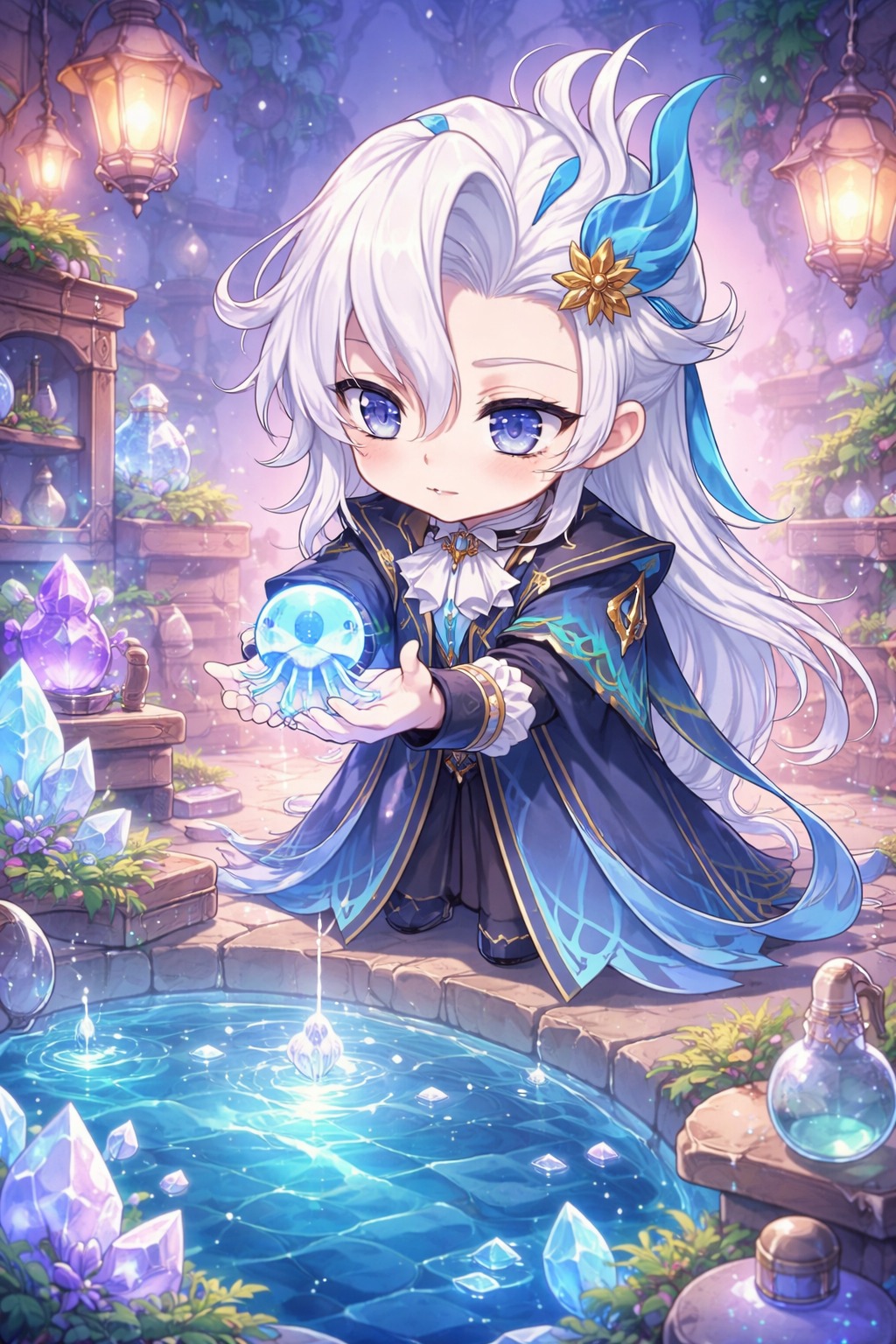Releasing a small glowing jellyfish into the deep In a bustling subterranean workshop (chibi cute, pastel colors)