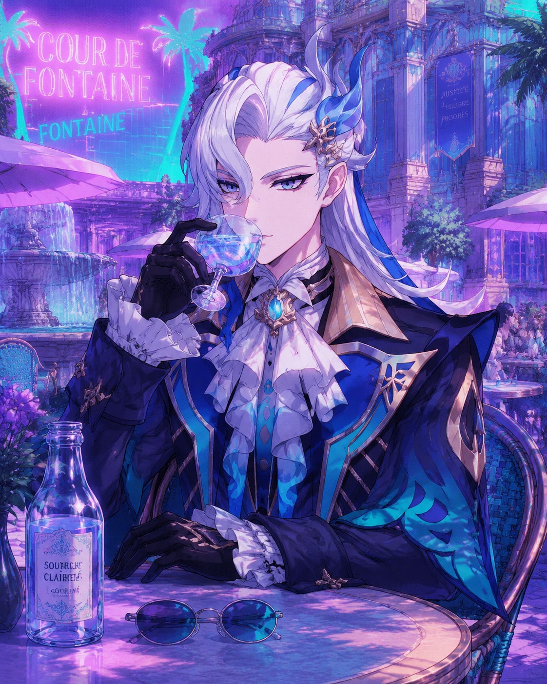 Sampling vintage spring water from a crystal glass At a sun-drenched café terrace in the Court of Fontaine (vaporwave aesthetic, neon purple and teal)