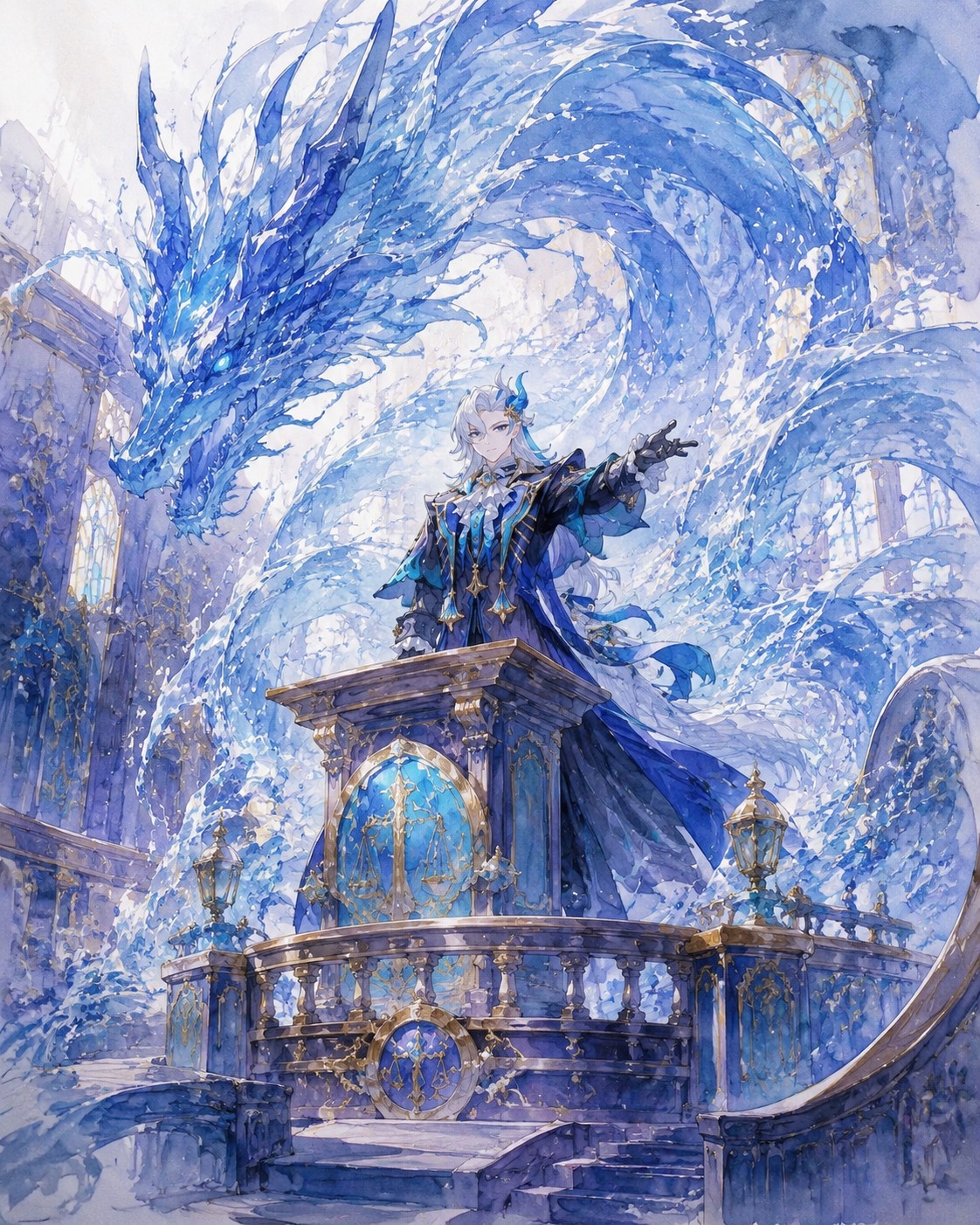Summoning a massive hydro dragon from the waves At the witness stand in the Opera Epiclese (watercolor anime, soft lighting)