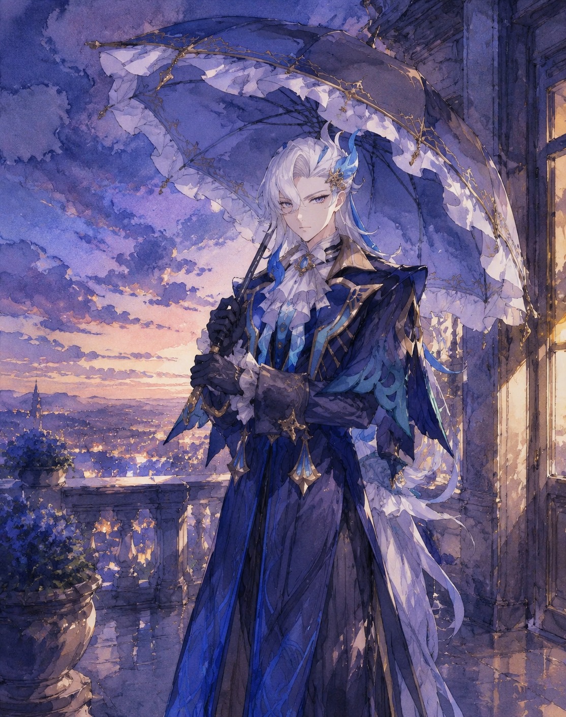 Unfolding a ruffled umbrella On the balcony of his private office at dusk (watercolor anime, soft lighting)
