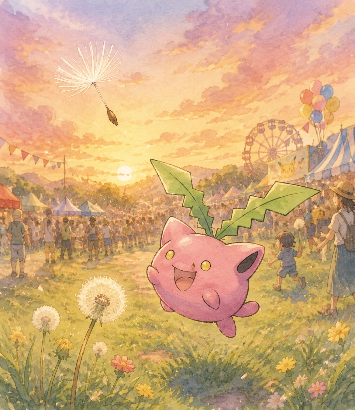 Chasing a drifting dandelion seed across a field At a bustling open-air festival during sunset (soft watercolor anime with pastel hues)