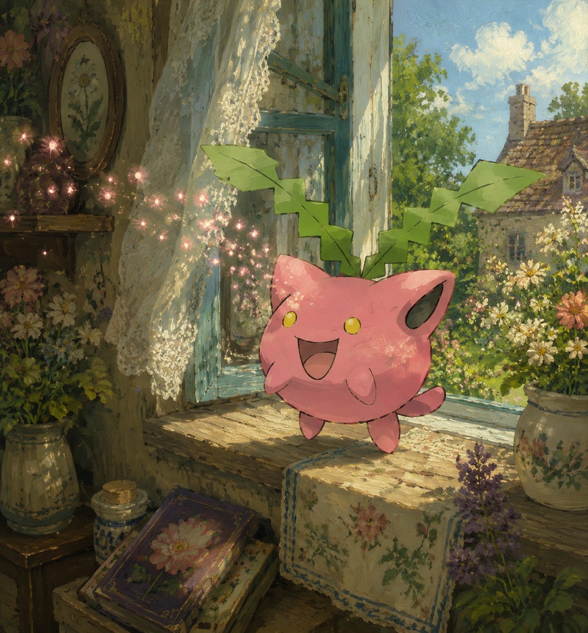 Releasing sparkling spores into the cool air On a quiet windowsill inside a cozy floral cottage (Studio Ghibli inspired lush oil painting)