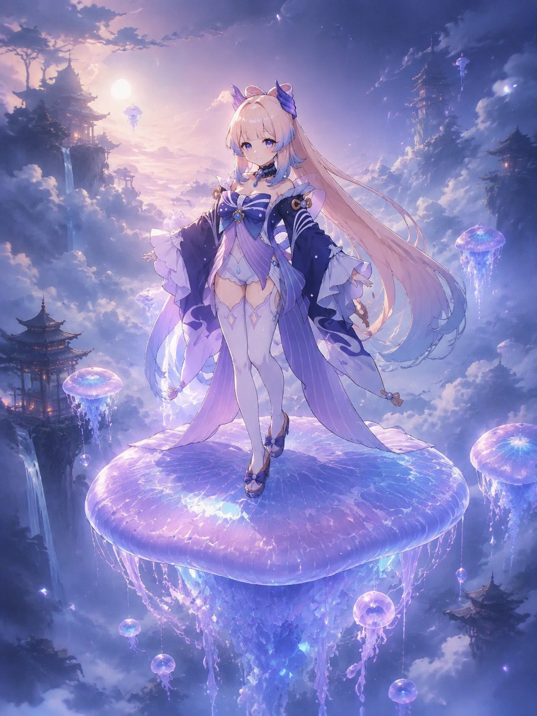 Floating gently above the ground On a floating jellyfish platform high in the sky (cinematic fantasy concept art with volumetric fog)
