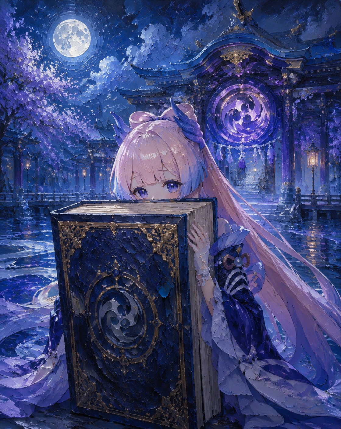 Hiding behind a massive hardcover book At the heart of Sangonomiya Shrine under moonlight (detailed oil painting with thick impasto brushstrokes)