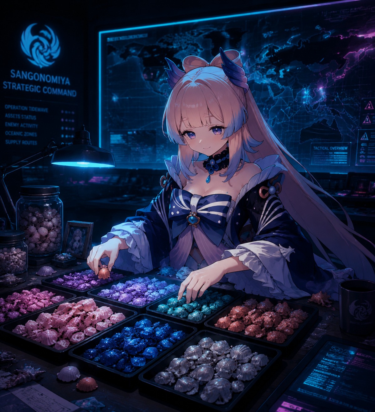 Organizing polished seashells by color In a dimly lit tactical war room (dramatic synthwave aesthetic with neon cyan glow)