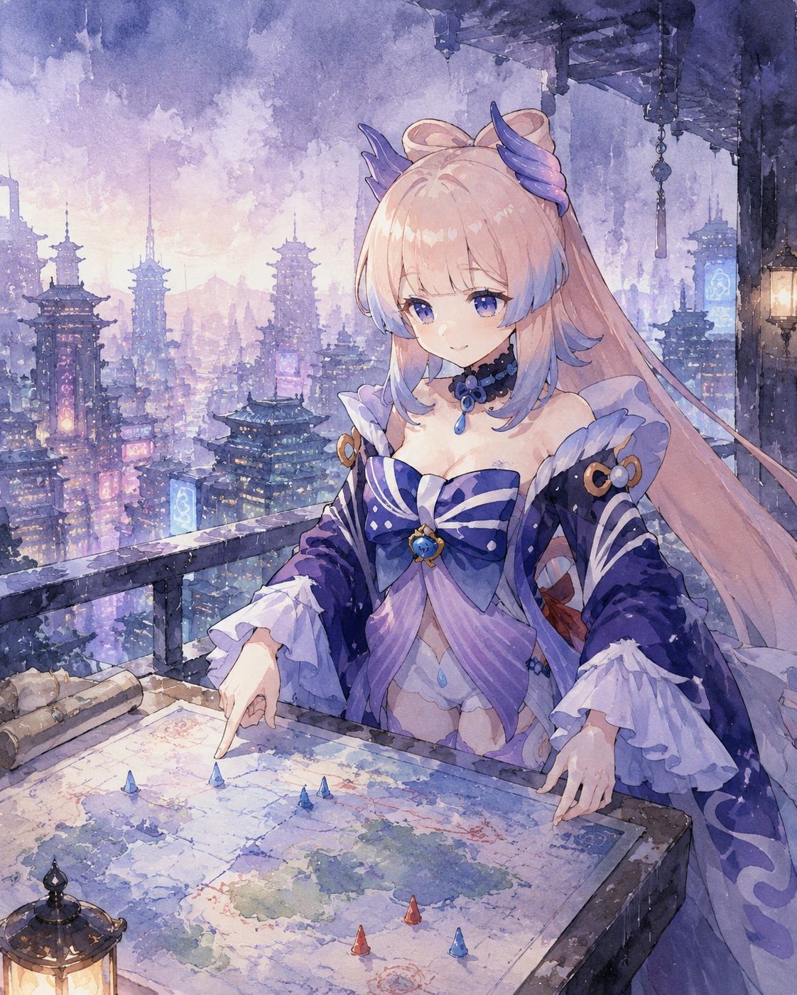 Pointing at a tactical map On a rainy balcony overlooking a futuristic city (watercolor anime style with soft pastel lighting)