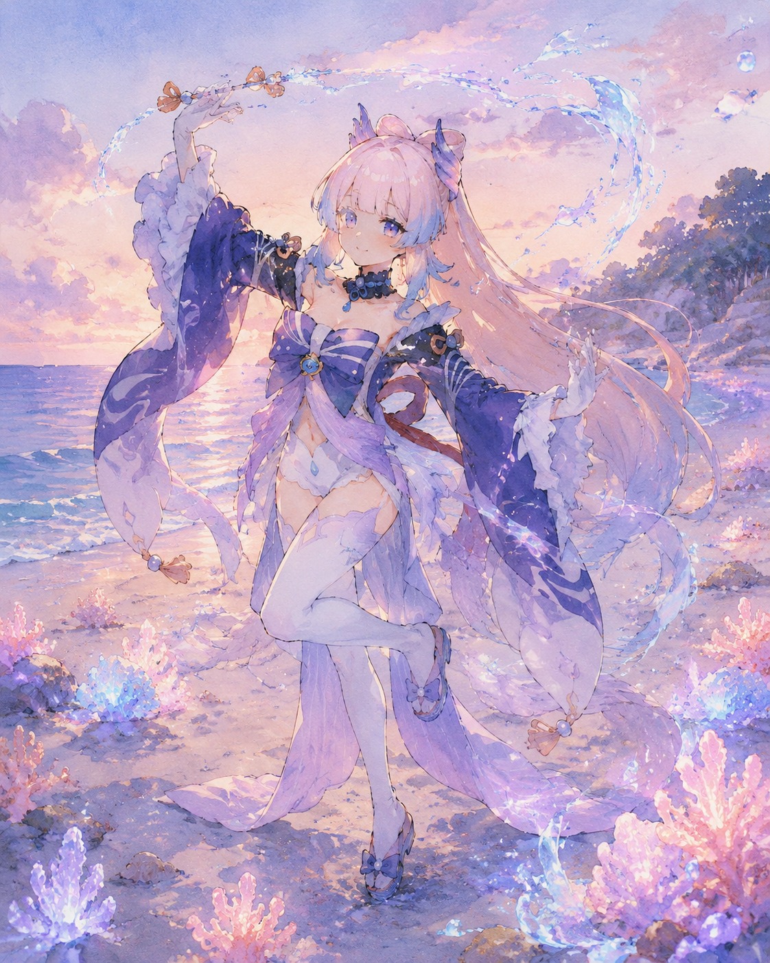 Practicing a complex ritual dance On a quiet beach littered with glowing coral (watercolor anime style with soft pastel lighting)