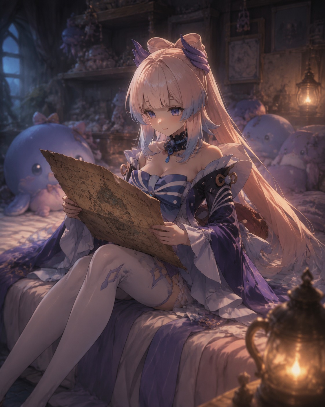 Reading a weathered military scroll In a cozy bedroom filled with plush toys (cinematic fantasy concept art with volumetric fog)