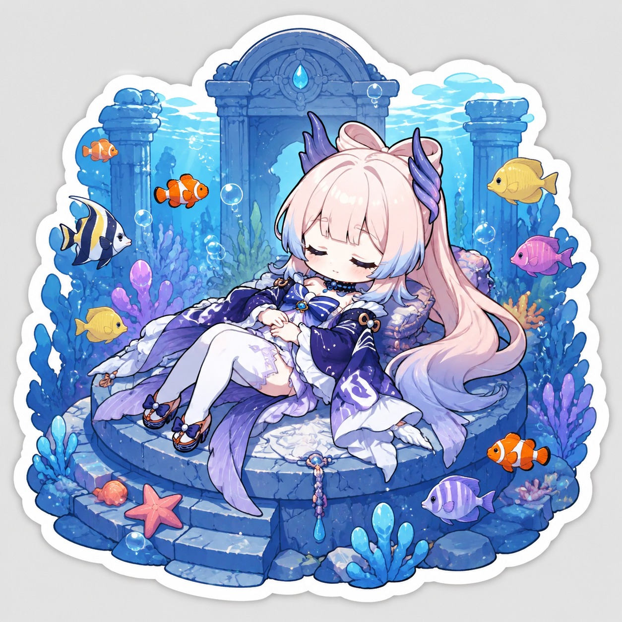 Recharging her energy by napping At a submerged altar surrounded by tropical fish (chibi sticker art with thick white borders)