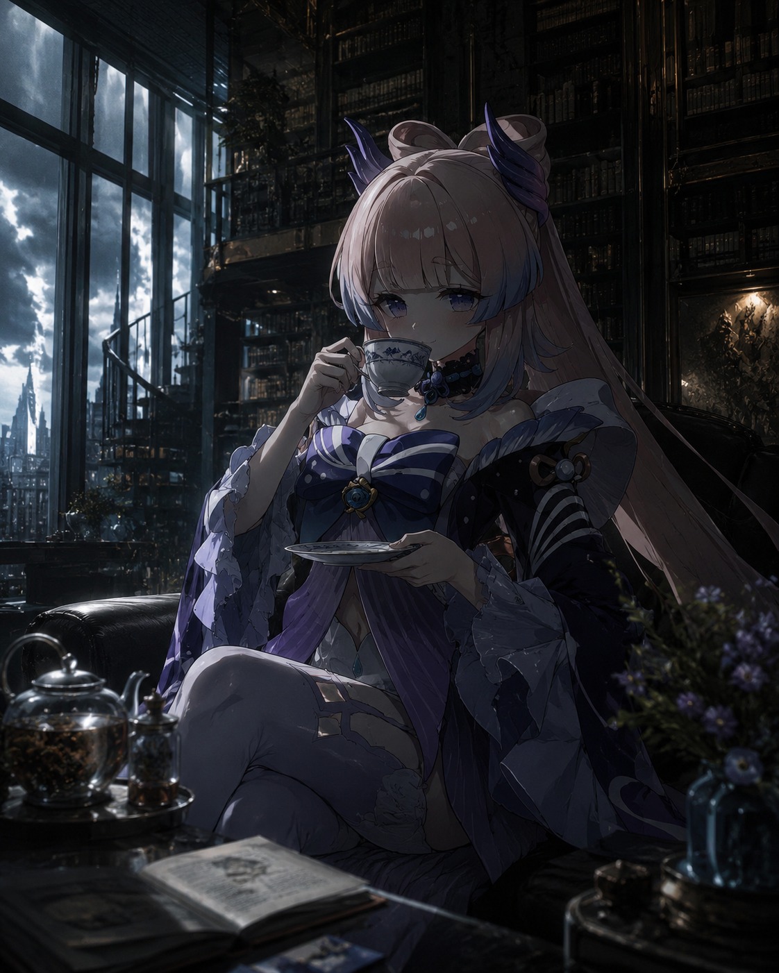 Sipping herbal tea from a porcelain cup In a modern library with floor-to-ceiling windows (gritty dark fantasy style with heavy shadows)