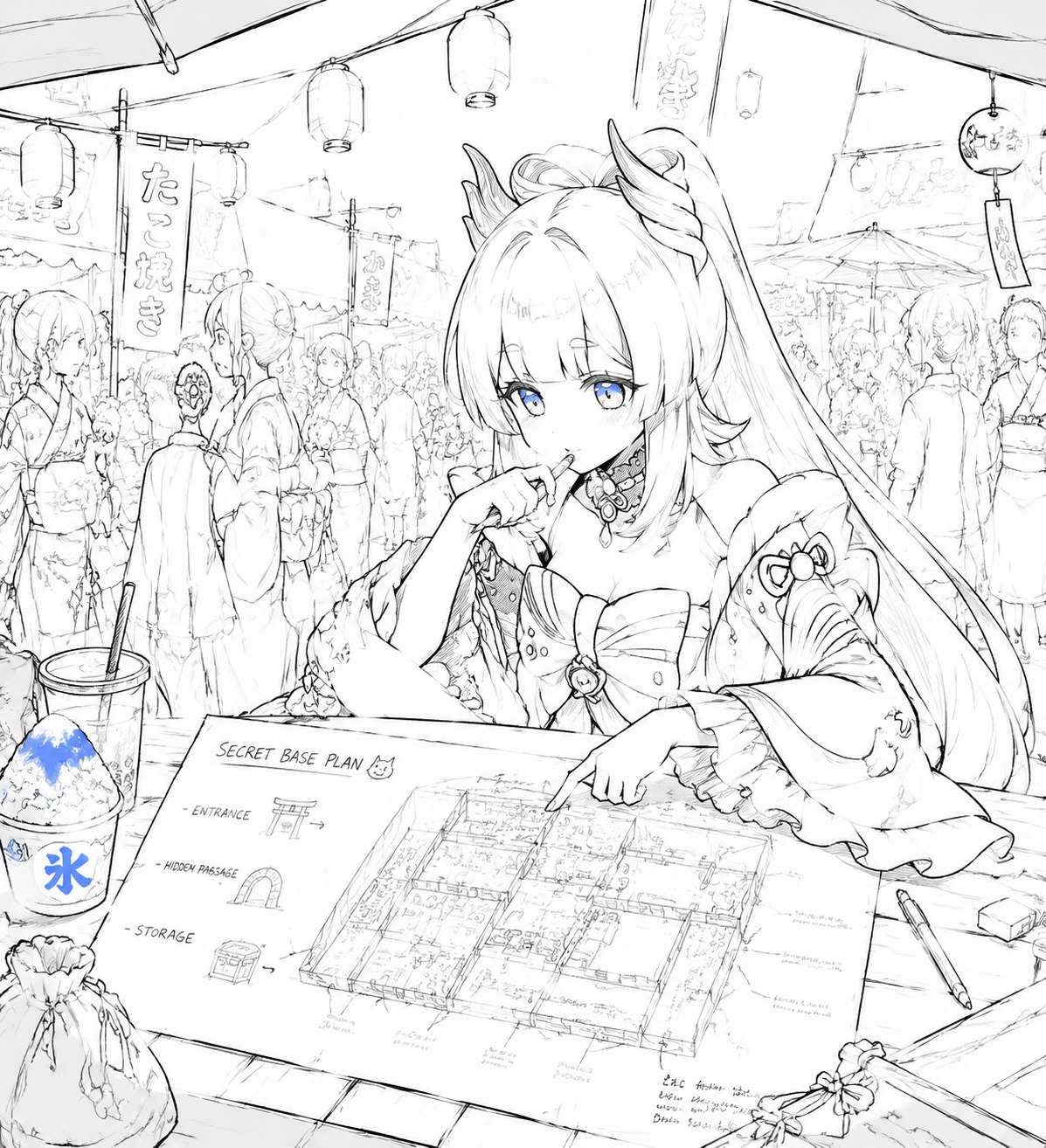 Sketching a blueprint for a secret base In a bustling marketplace during a summer festival (minimalist line art with a single splash of blue)