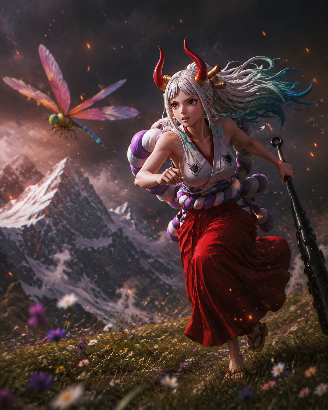 Chasing a colorful dragonfly through a meadow At the edge of a snowy mountain peak (cinematic dark fantasy with glowing embers)