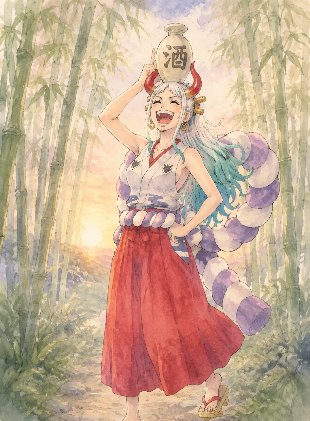 Laughing heartily while balancing a sake bottle In a quiet bamboo forest at dawn (soft pastel watercolor with airy lighting)