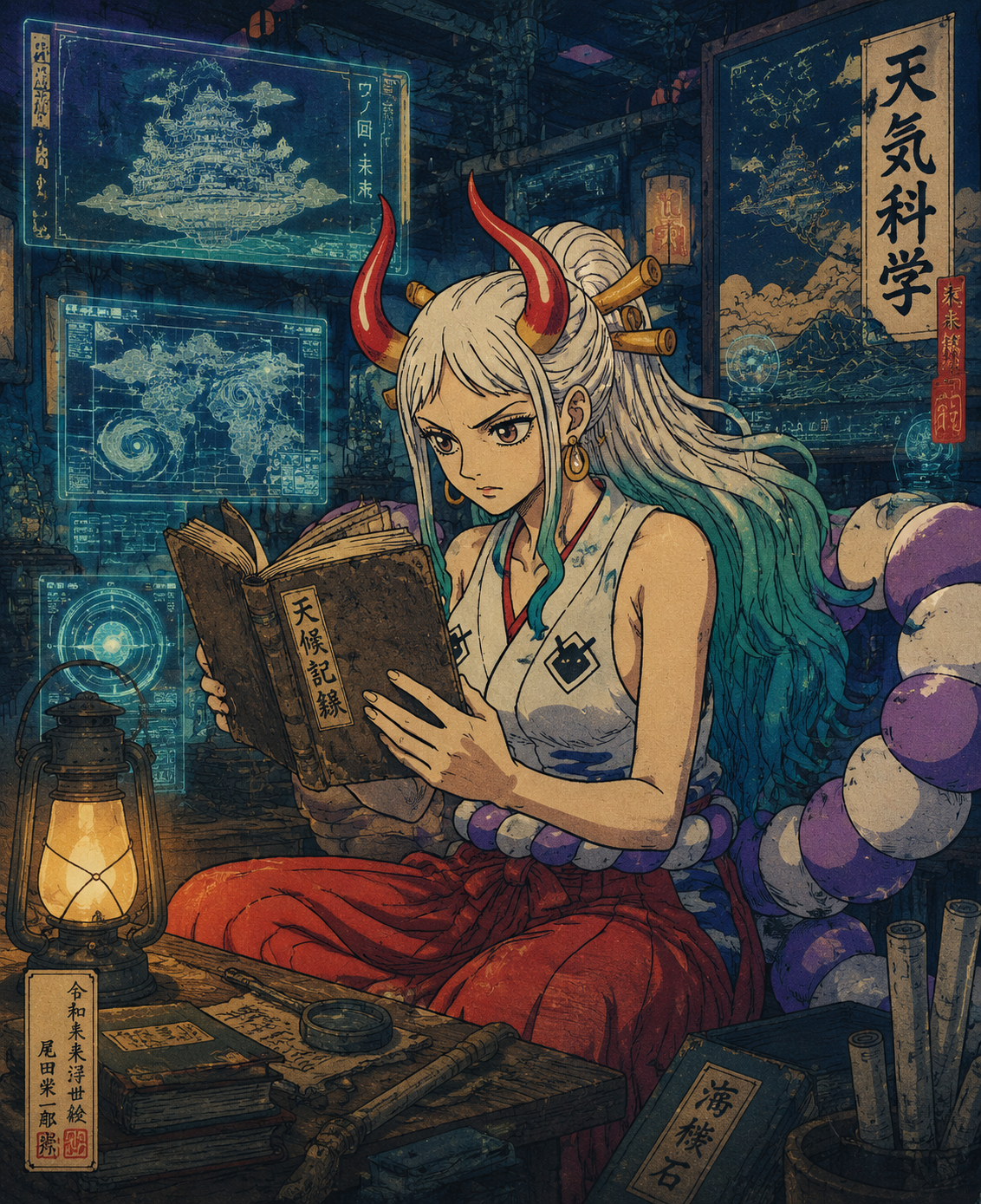Reading a weathered journal by a dim lamp In a futuristic laboratory filled with holographic screens (vibrant ukiyo-e woodblock print style)