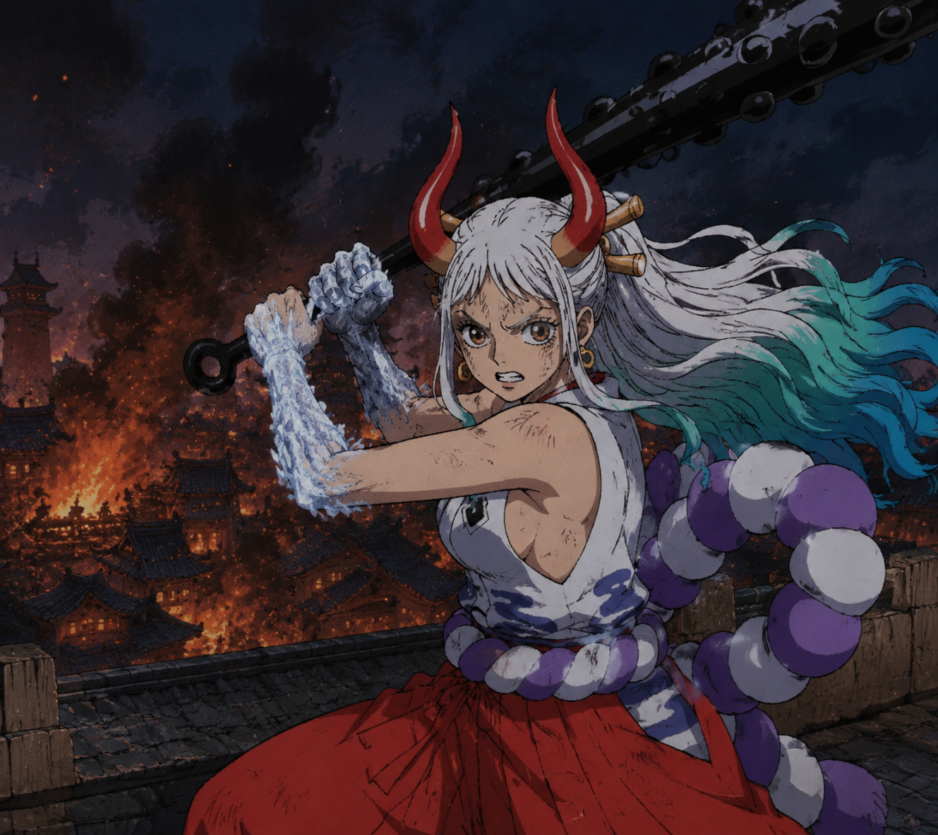 Swinging a spiked club with frost-covered hands On a rooftop overlooking a burning city (gritty 90s retro anime cel shaded)
