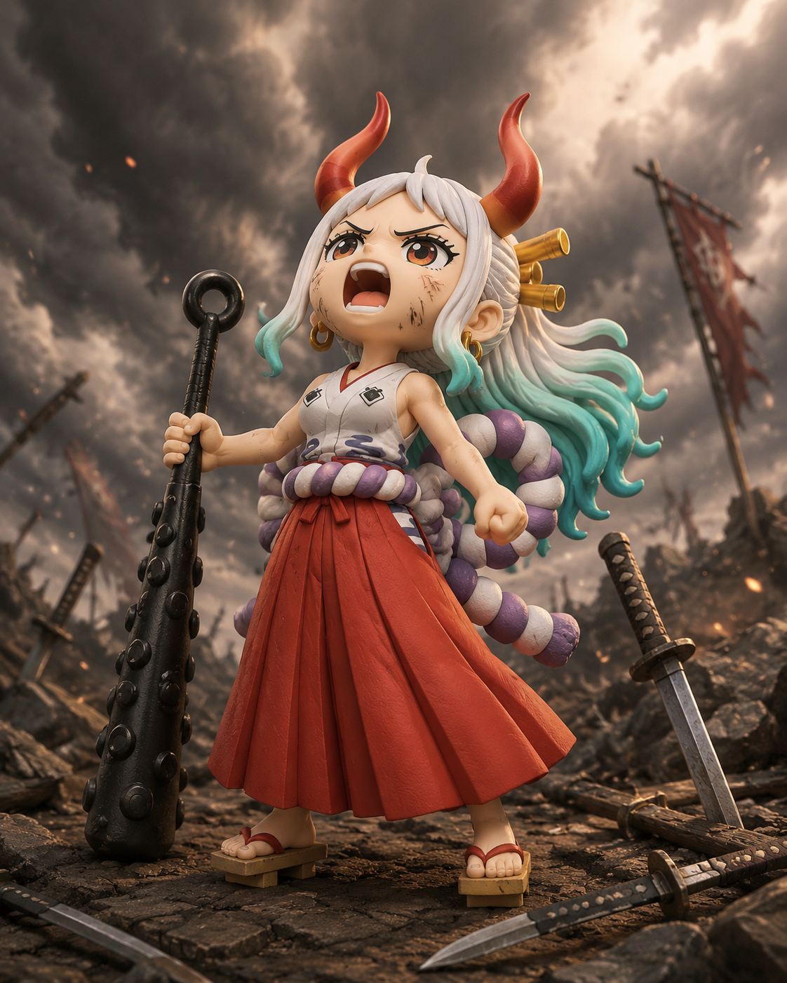 Unleashing a powerful roar toward the sky On a battlefield littered with broken katanas (chibi 3d clay model style)