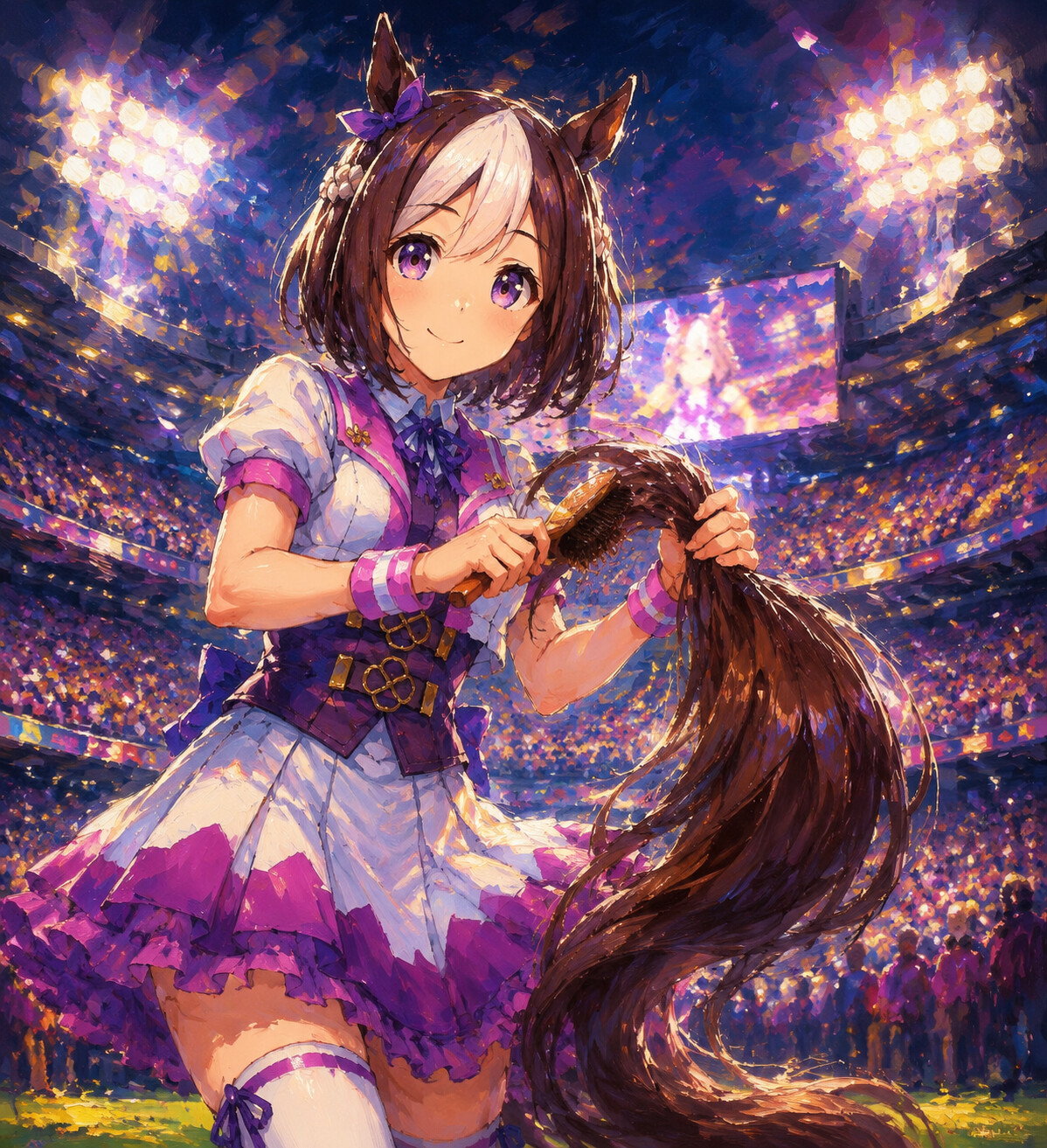 Brushing her long chestnut tail at a packed stadium under blinding floodlights (vibrant oil painting with energetic brushstrokes)