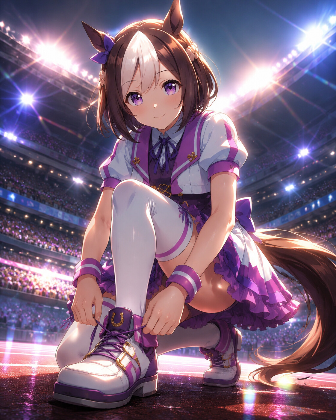 Tying the laces on her horseshoe sneakers at a packed stadium under blinding floodlights (cinematic concept art with dramatic lens flare)