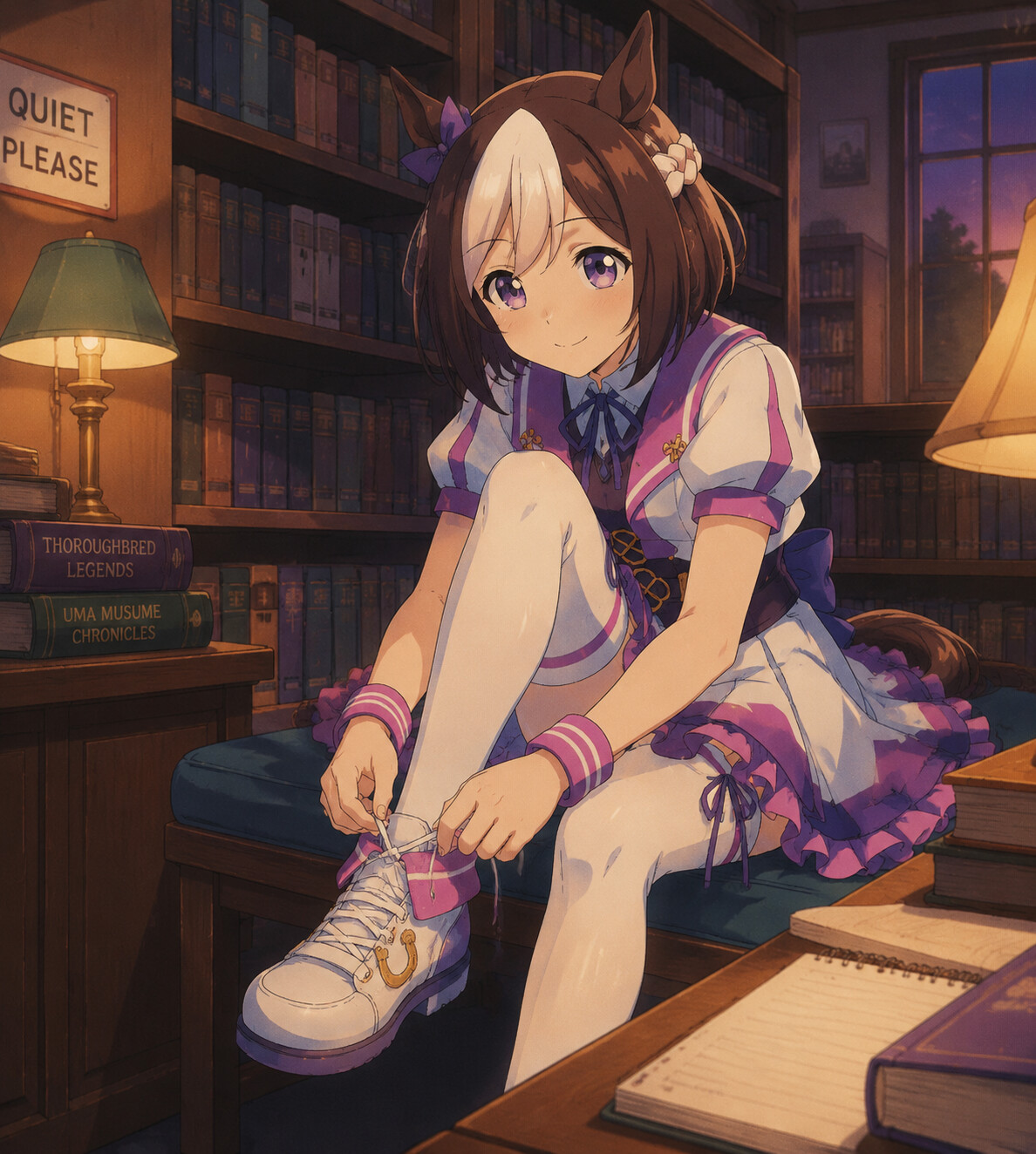 Tying the laces on her horseshoe sneakers in a quiet library illuminated by warm evening lamps (90s retro anime style with soft cel shading)