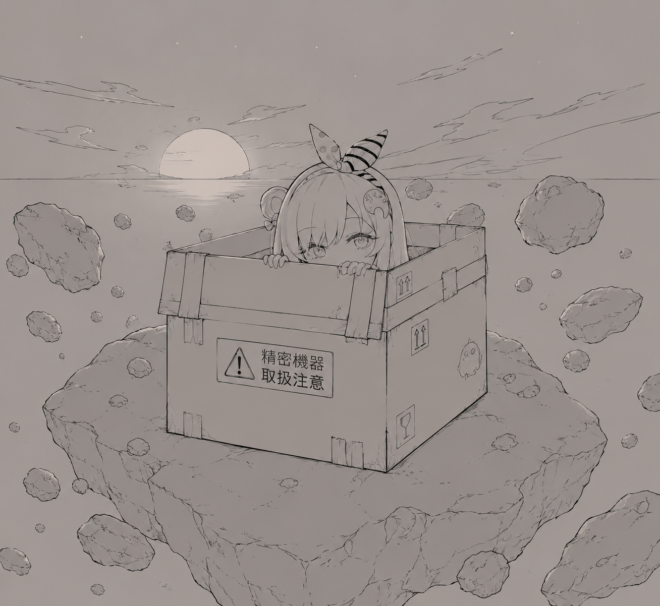 Hiding inside a large reinforced cardboard box On a floating asteroid belt at dusk (minimalist line art, monochrome palette)