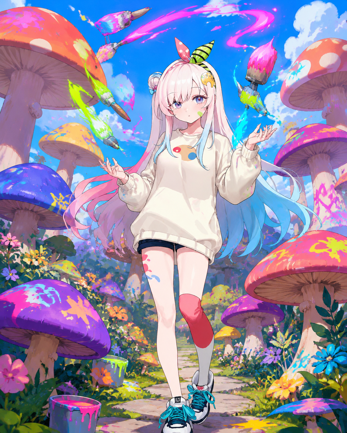 Juggling three neon-colored paintbrushes In a whimsical garden of giant mushrooms (vibrant cel-shaded anime, high saturation)