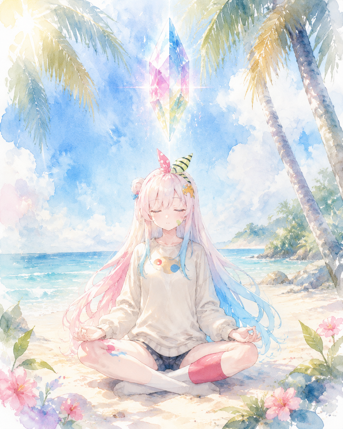 Meditating beneath a floating crystal prism On a sun-drenched tropical beach (ethereal watercolor, soft bleeding edges)