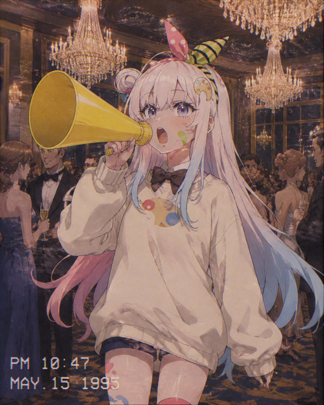 Shouting through a bright yellow megaphone At a formal gala under crystal chandeliers (retro 90s aesthetic, lo-fi grit)