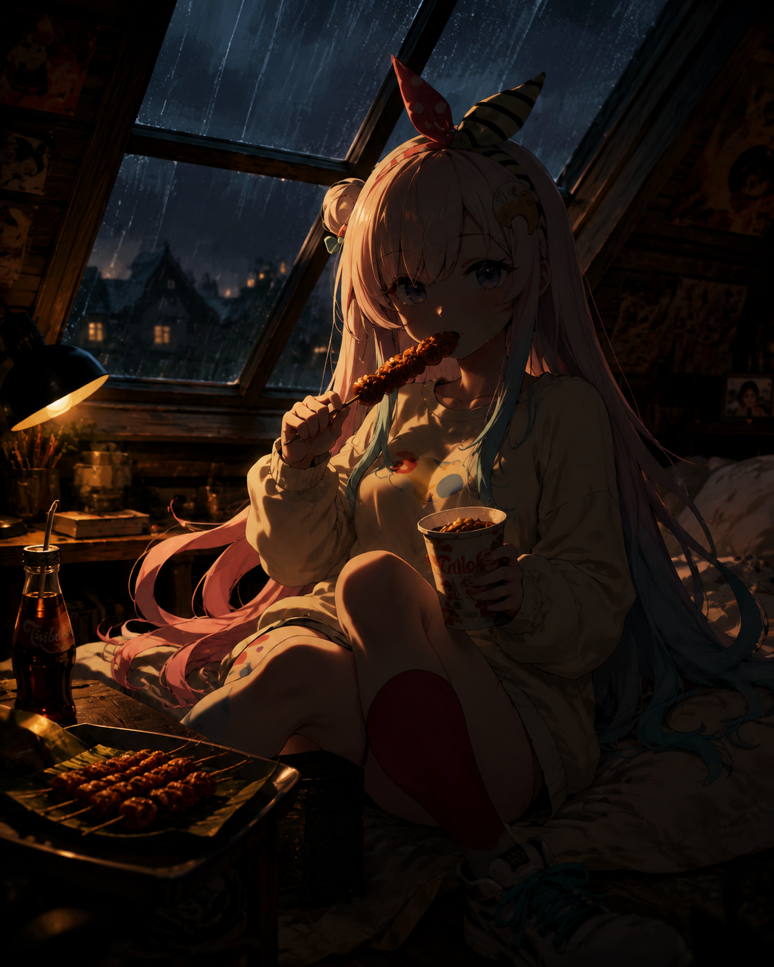 Snacking on spicy indonesian street food In a cozy attic bedroom during rain (dramatic cinematic noir, sharp silhouettes)