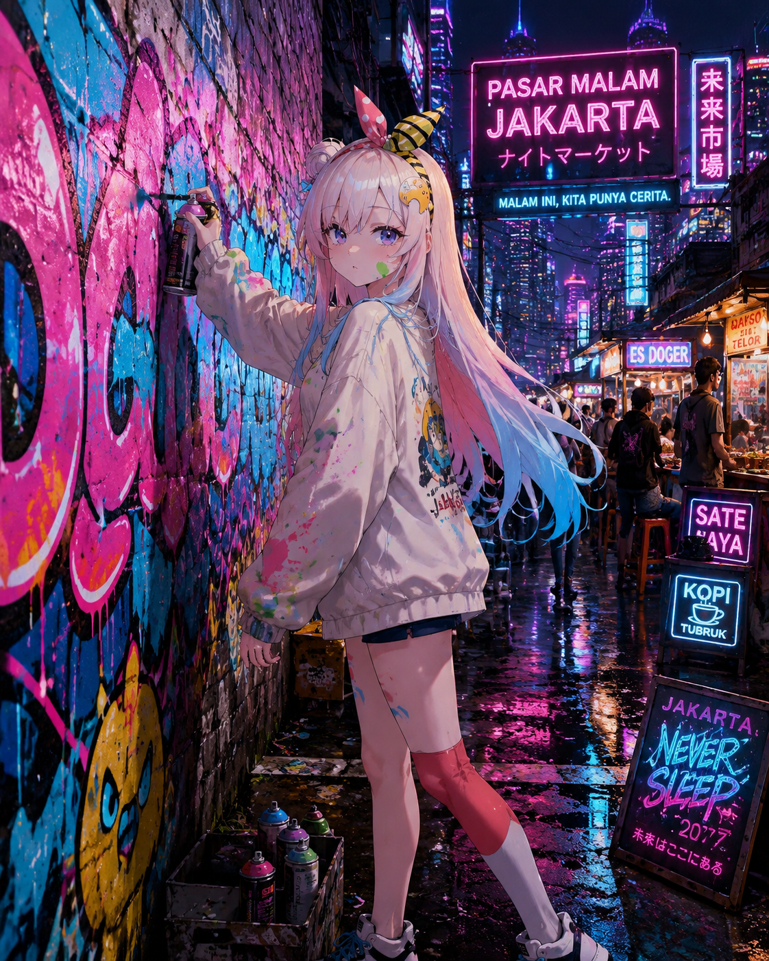 Spraying vibrant graffiti onto a brick wall At a bustling Jakarta night market (futuristic cyberpunk, glowing neon highlights)
