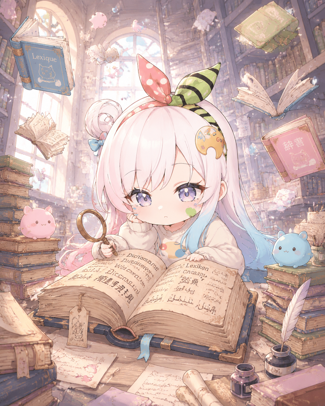 Studying a dusty multilingual ancient dictionary In a quiet library filled with floating books (bubbly chibi style, pastel candy colors)