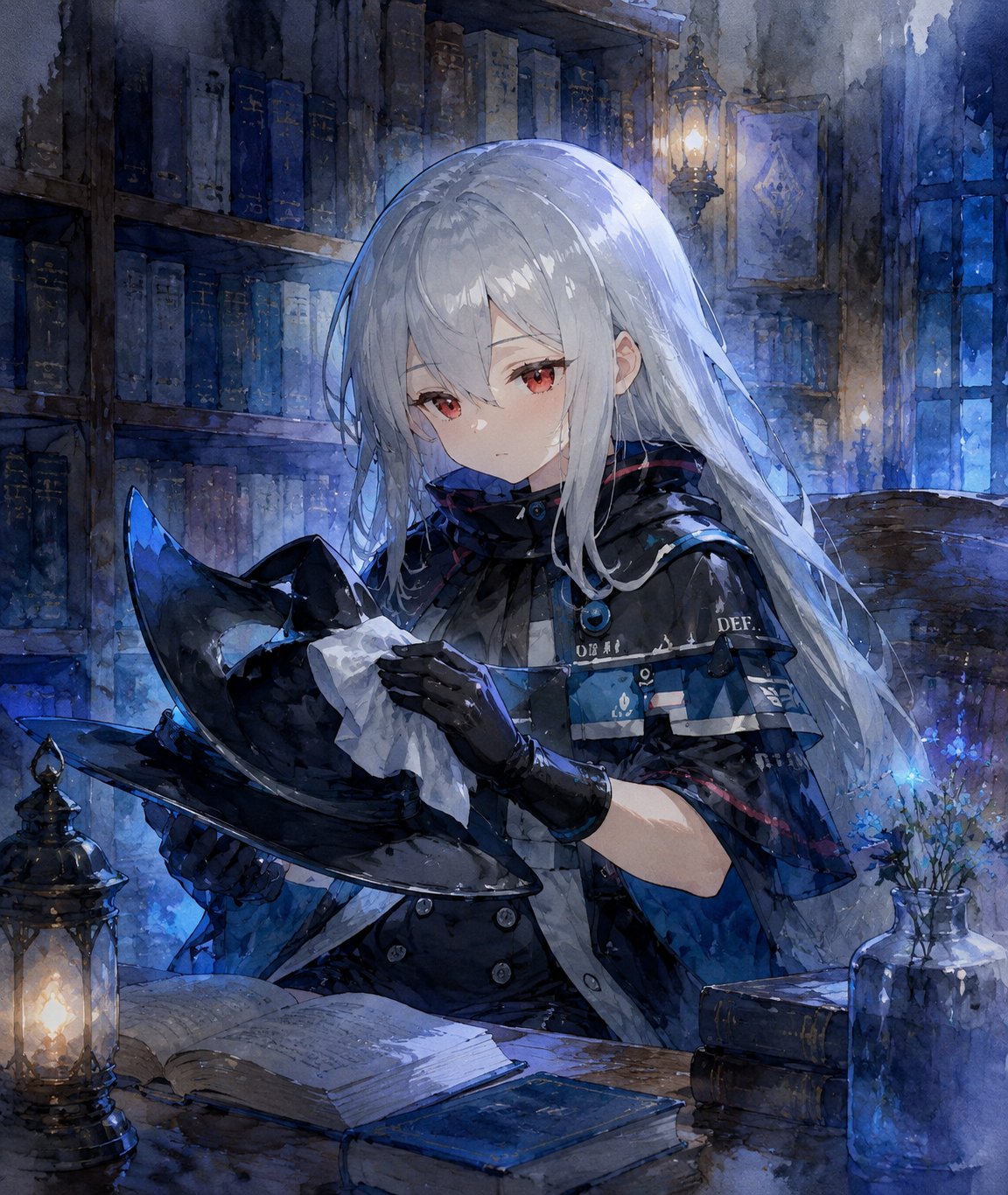 Cleaning her signature hat with a soft cloth In a quiet library corner lit by dim lamps (ethereal watercolor, soft blue glow)