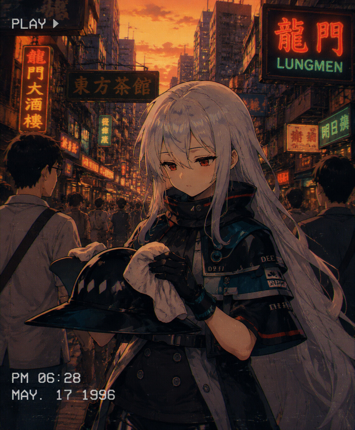 Cleaning her signature hat with a soft cloth on a crowded street in Lungmen during sunset (90s retro anime)