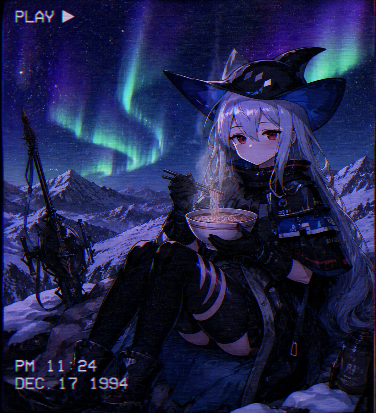 Eating a bowl of hot ramen in silence At a snowy mountain peak under the aurora borealis (90s retro anime, grainy VHS aesthetic)
