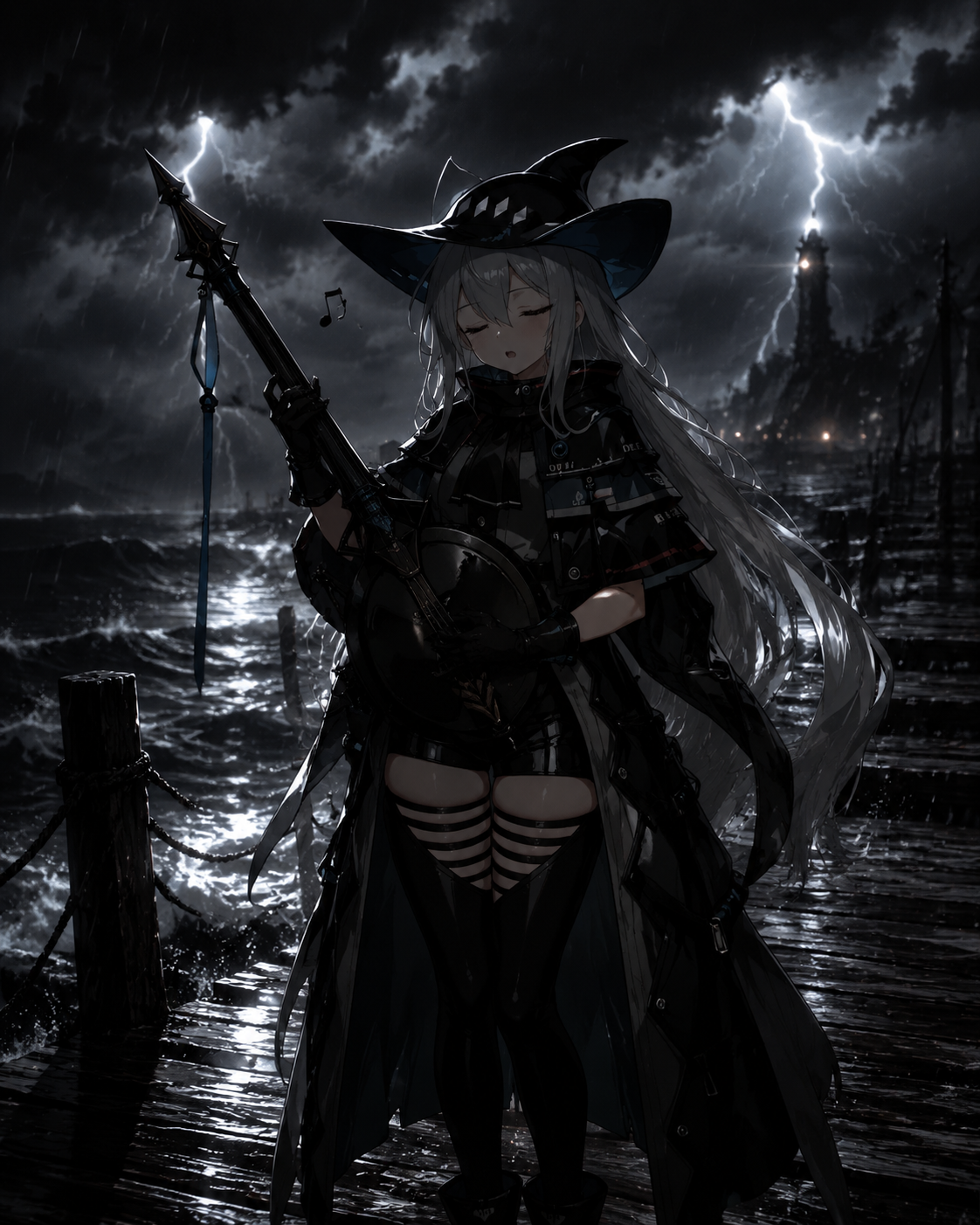 Humming a haunting melody from the deep sea On a rickety wooden pier during a thunderstorm (cinematic noir, dramatic shadows and high contrast)