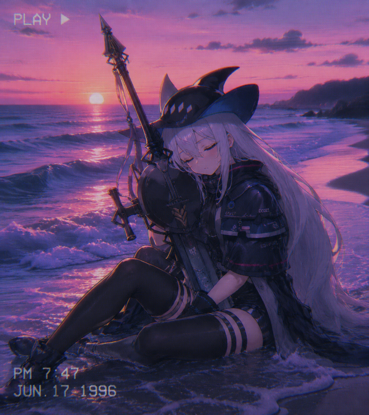 Resting her head against her claymore while dozing At a tranquil beach as the tide comes in (90s retro anime, grainy VHS aesthetic)