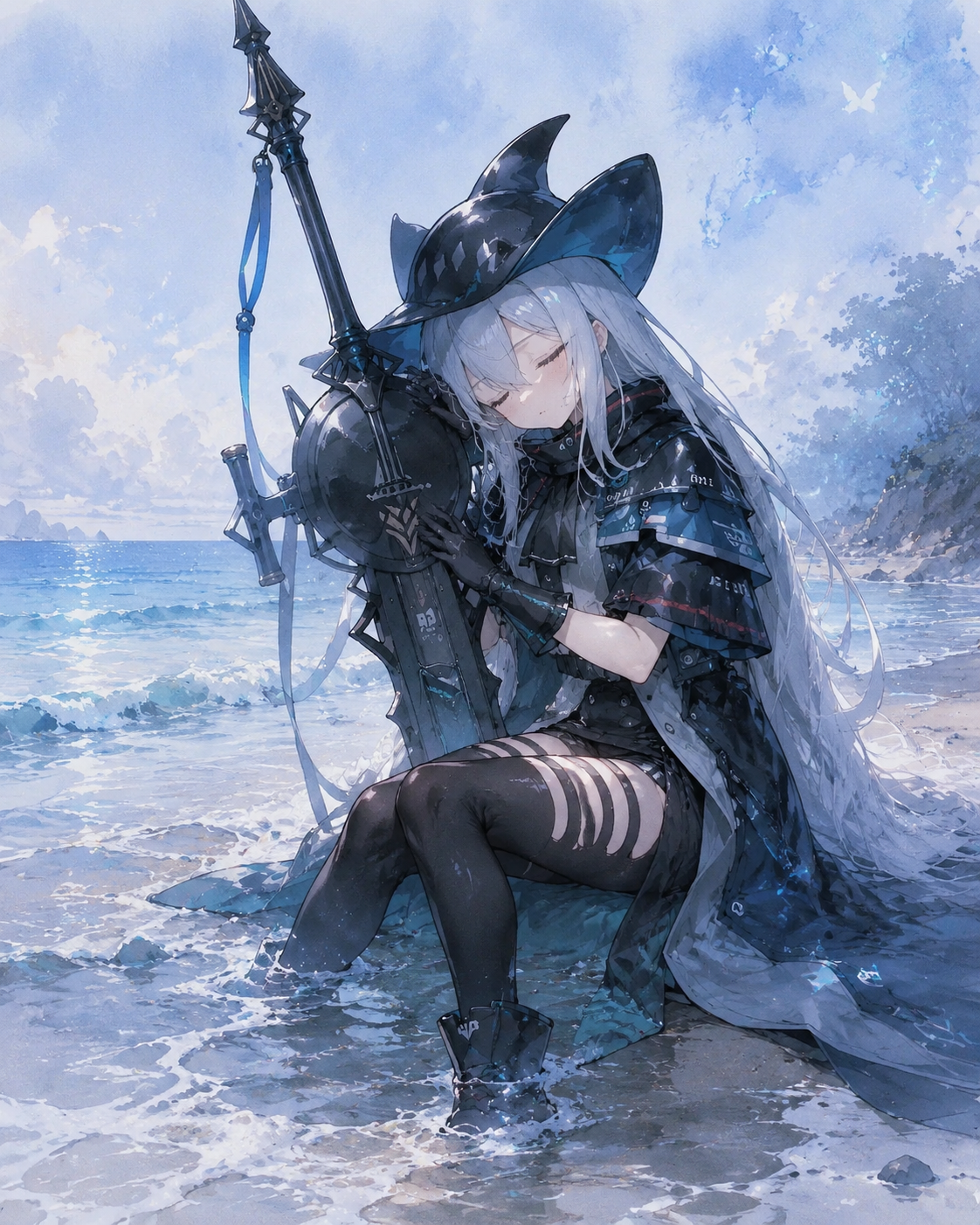 Resting her head against her claymore while dozing At a tranquil beach as the tide comes in (ethereal watercolor, soft blue glow)